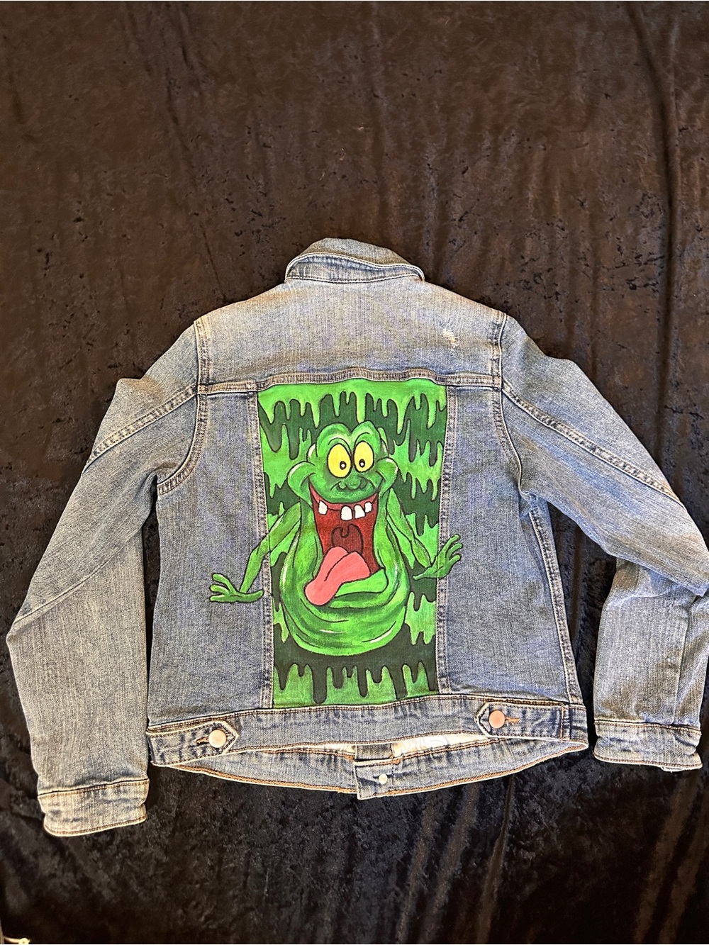wonder nation Ghost Busters Denim Jean Jacket Green Slimer hand painted on back